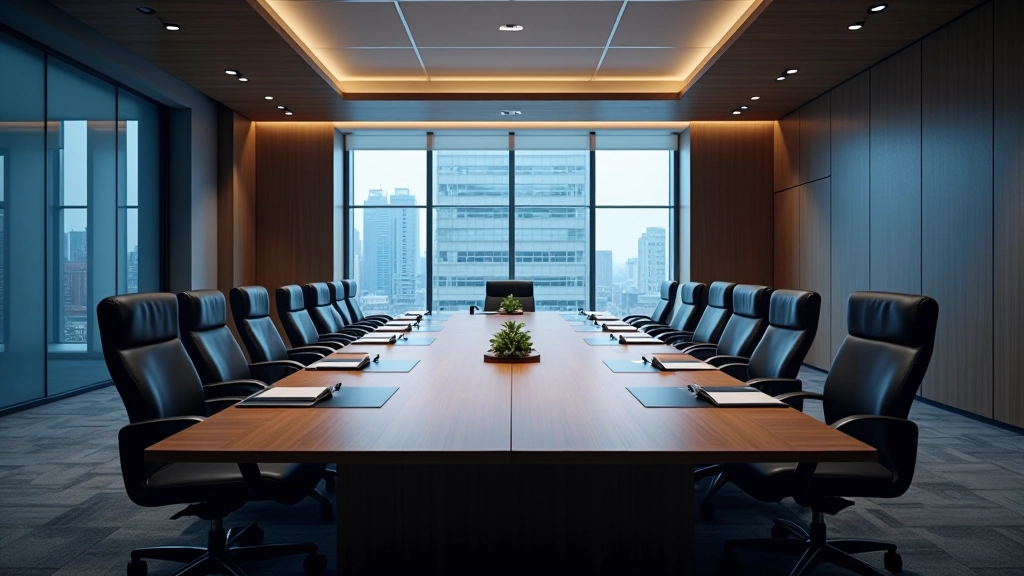 Europäische Zentralbank Sitzungssaal, moderne Konferenztechnik, großer ovaler Tisch, blaugrauer Ton