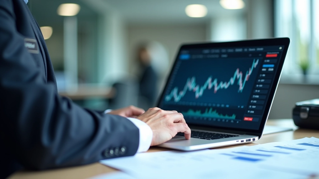 Ökonom bei Analyse von Finanzdaten auf Laptop, Schreibtisch mit Diagrammen und Notizbüchern