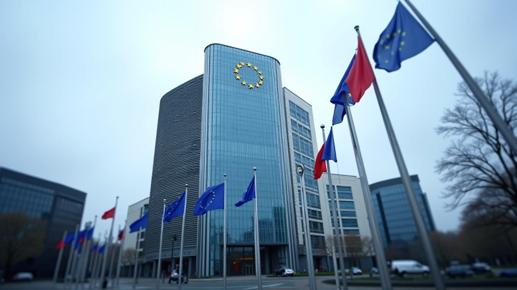 Europäische Kommissionsgebäude in Brüssel, moderne Architektur mit mehreren Flaggen, grauer Himmel