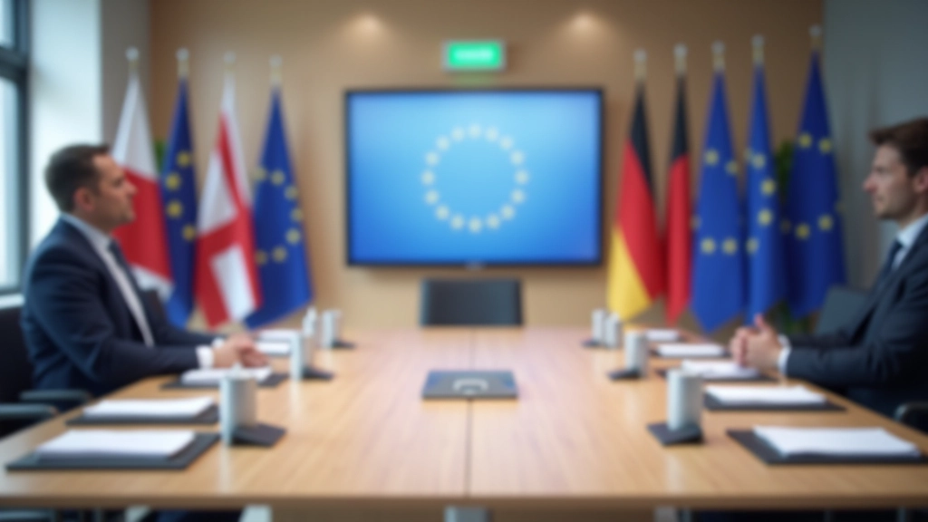 Sitzungssaal mit Flaggen verschiedener europäischer Länder, Diskussionstisch mit Dokumenten