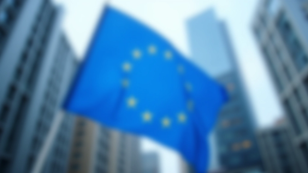 Europäische Flagge wehen am modernen Gebäude mit Bankskyscraper im Hintergrund