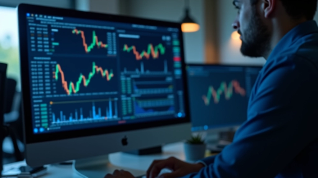 Finanzcharts und Daten auf Computerbildschirm, Handelsraum-Atmosphäre