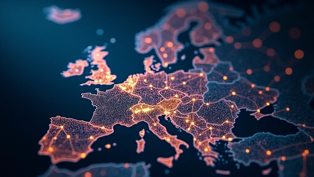 Europäische Landkarte mit Verbindungslinien zwischen Finanzinstitutionen, digitale Netzwerk-Darstellung