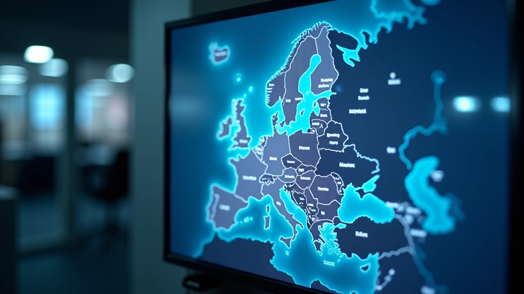 Europakarte mit hervorgehobenen Eurozone-Ländern, LED-Lichter, moderne Grafik auf Bildschirm