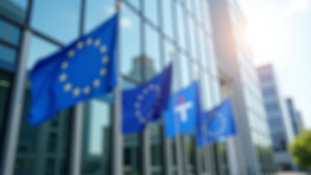 Moderne Bankgebäude mit europäischen Flaggen, Finanzdistrikt, professionelle Architektur