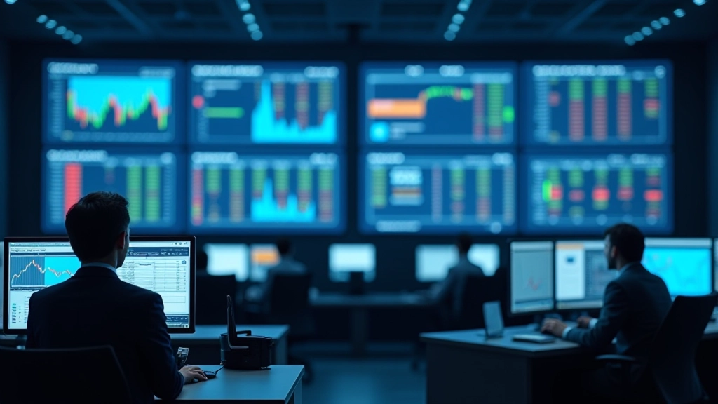 Zentralbank-Gebäude mit modernen Computerterminals, Finanz-Kontrollraum mit großen Bildschirmen