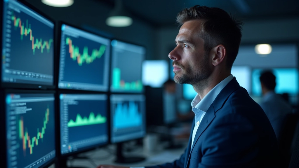 Modernes Büro mit mehreren Monitoren zeigen Finanzcharts und Daten